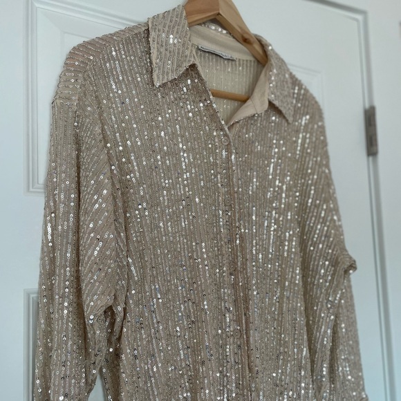 Abercrombie & Fitch Sequin Button Down Shirt, Gold/Champagne, small - Picture 6 of 7